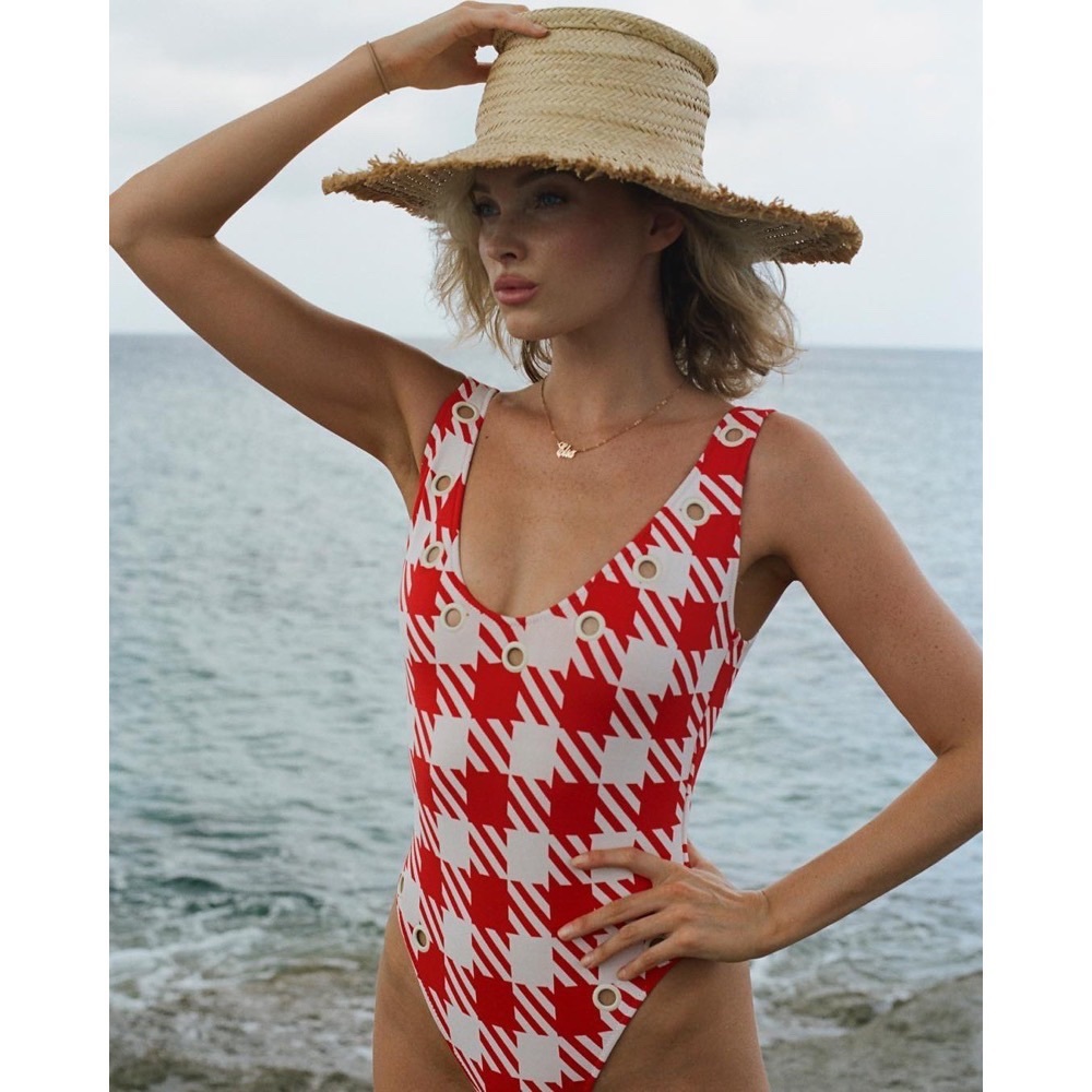 Solid & Striped Elsa Hosk Red Houndstooth Gingham Red One Piece